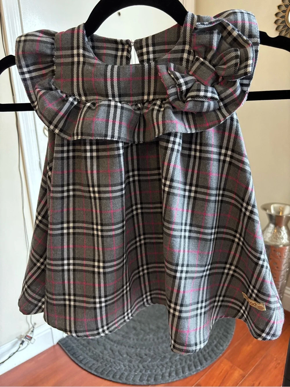 Kid Bebitach Plaid Ruffle Collar Dress - Gray with Pink Accents